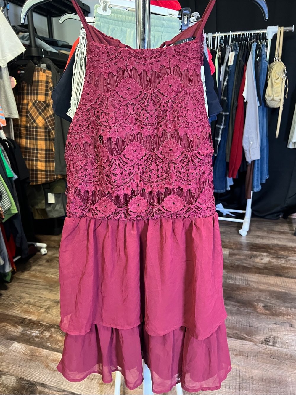 Speechless Burgundy Lace-Tiered Spaghetti-Strap Mini Dress
